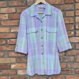 Alia Sport Pastel Plaid Crinkle Tunic Blouse Roll Tab Sleeve Button Shirt